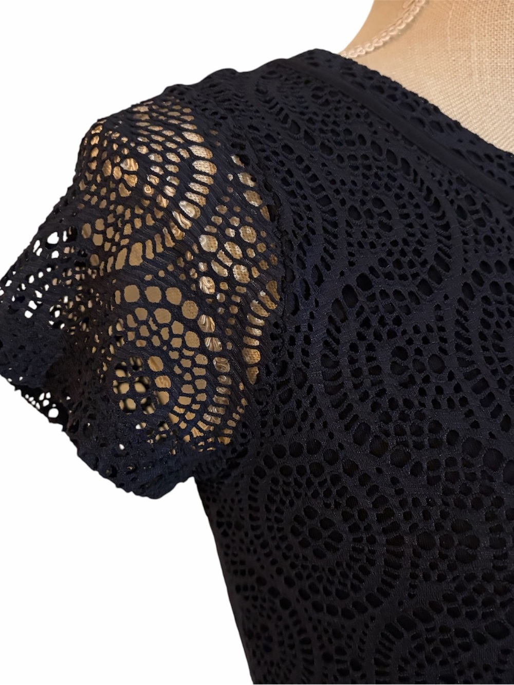 Banana Republic Dark Navy Blue Lace Overlay Short Sleeve-Size Petite XS-Like New